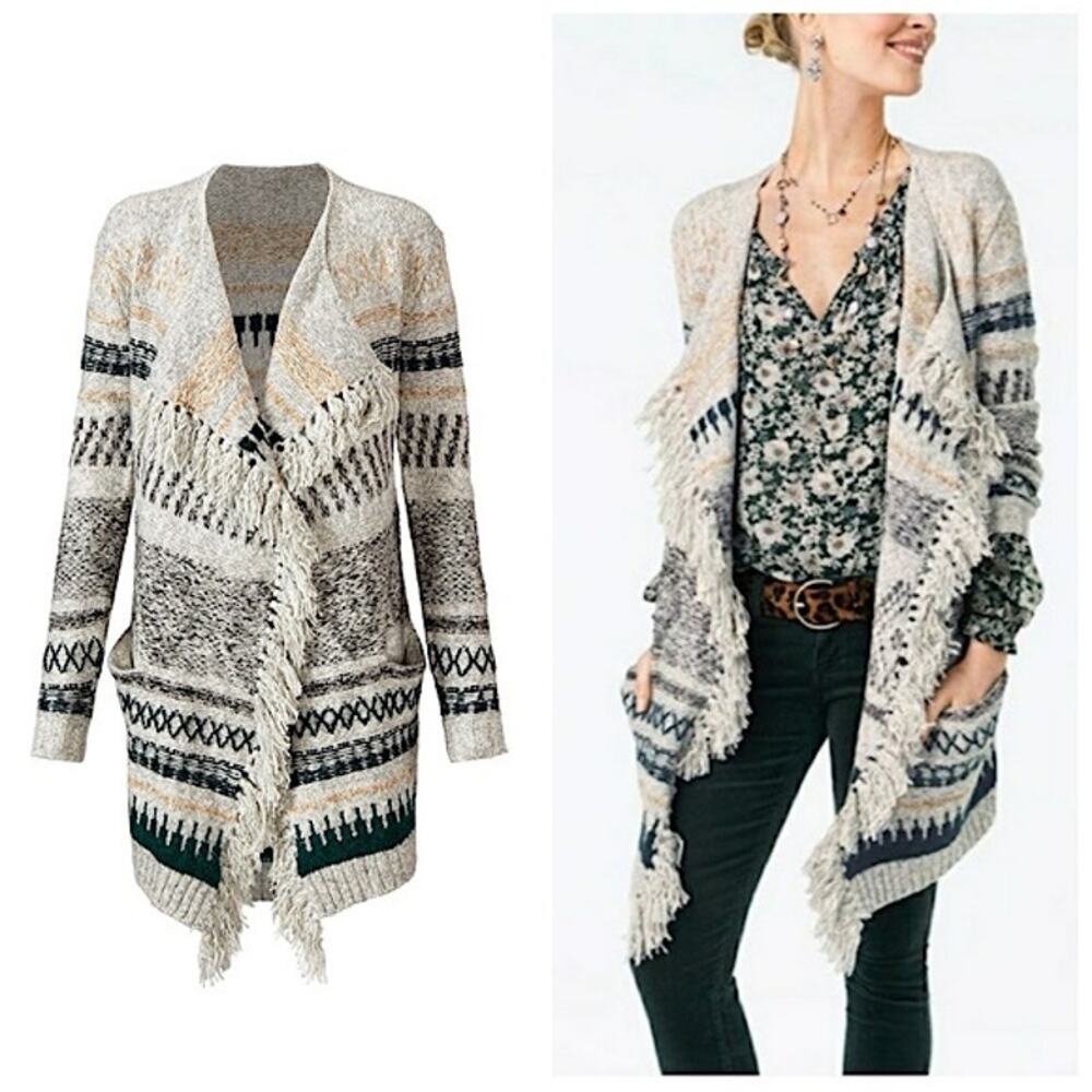 Cabi #3701 | Shetland Sweater Fringed Cotton Blend Cozy Open Layering Cardigan